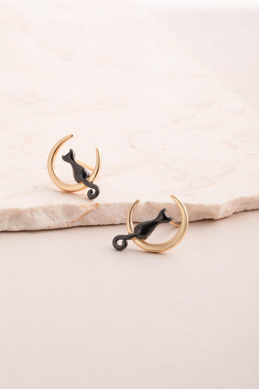 Cat Moon Stud Earrings Sterling Silver