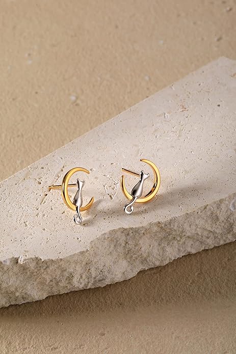 Cat Moon Stud Earrings Sterling Silver