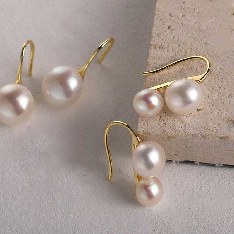 Natural Dual Pearls Drop Earrings 925 Sterling Silver