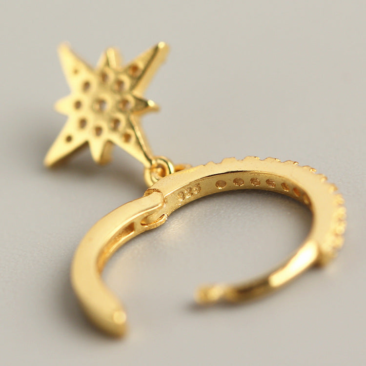 Cubic zirconia Moon Star Pendant Hoop Earrings gold