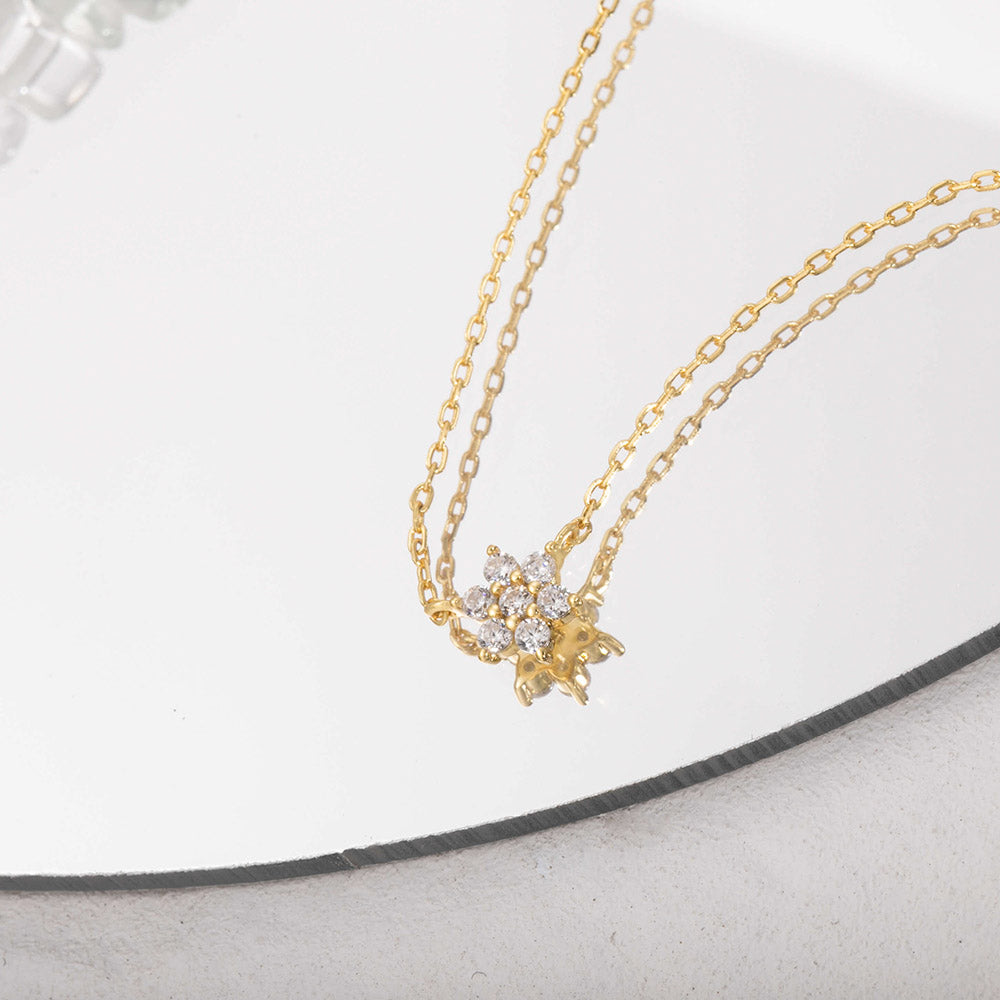 Delicate Mini Snowflake CZ Floral Necklace Gold