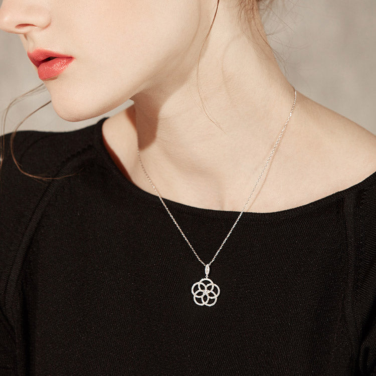 elegant cubic zirconia camellia pendant necklace silver