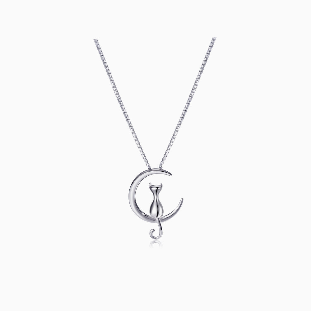 silver Cat Moon pendant Necklace gift for her